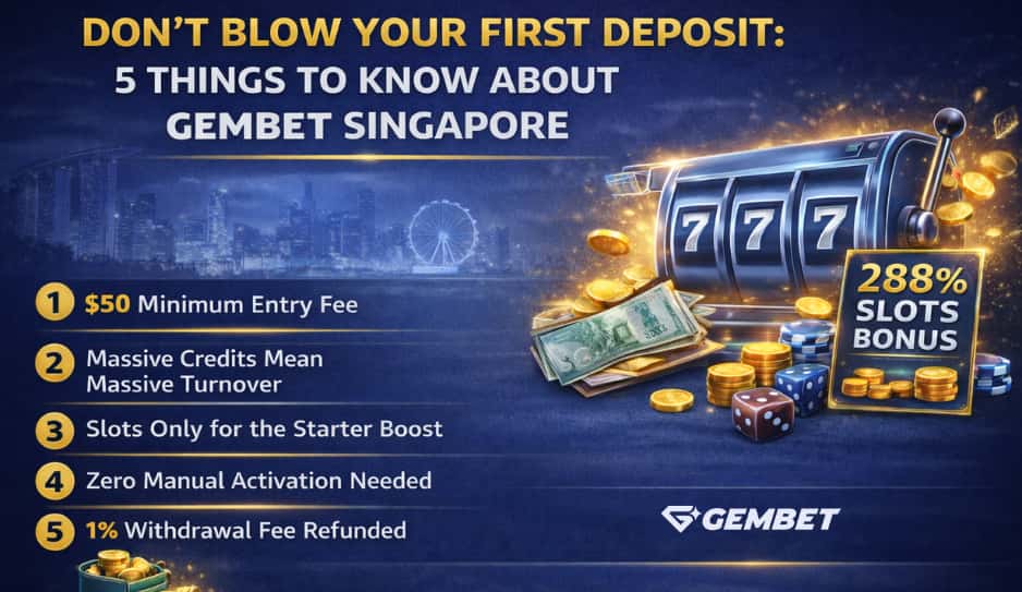 Gembet SG first deposit bonus 288 percent slots promotion with $50 minimum entry and key terms infographic