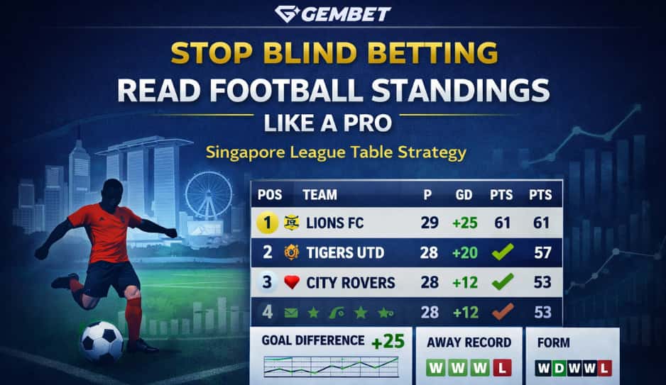 football standings singapore guide infographic showing how to read league table data including matches played, points, goal difference, home and away records, and recent form for smarter football betting strategy